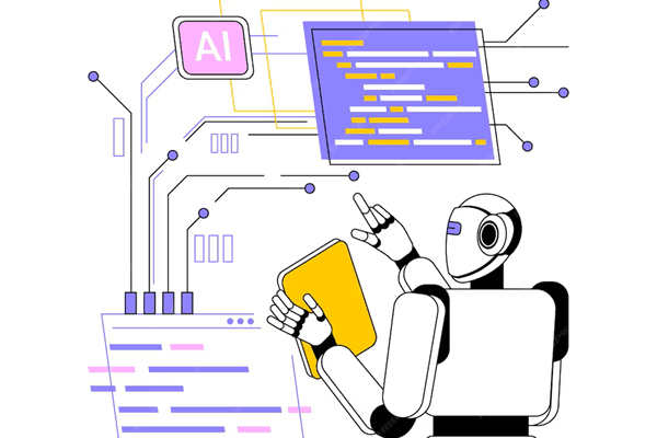 AI robot interacting with code and circuits